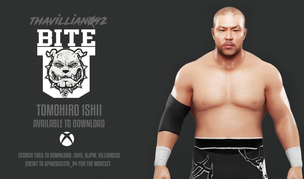 Tomohiro Ishii is now available for download on Xbox One. Credit to @Spinebuster_94 for the moveset. #WWE2K19 #njpw #GiveCawCreatorsAChance