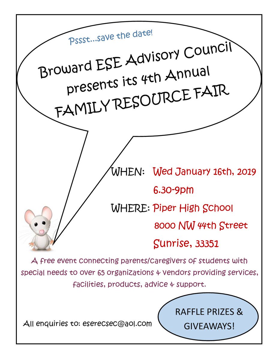 BrowardESEad's tweet photo. Broward ESE Advisory's Annual Family Resource Fair is this Wed, Jan 16, 6.30-9pm, Piper High School, Sunrise. Over 70 booths offering support, advice, services &amp; programs for families of students w/special needs. Prizes &amp; giveaways. Our biggest fair yet! Plz retweet &amp; spread word https://t.co/AI4WsdlkTY