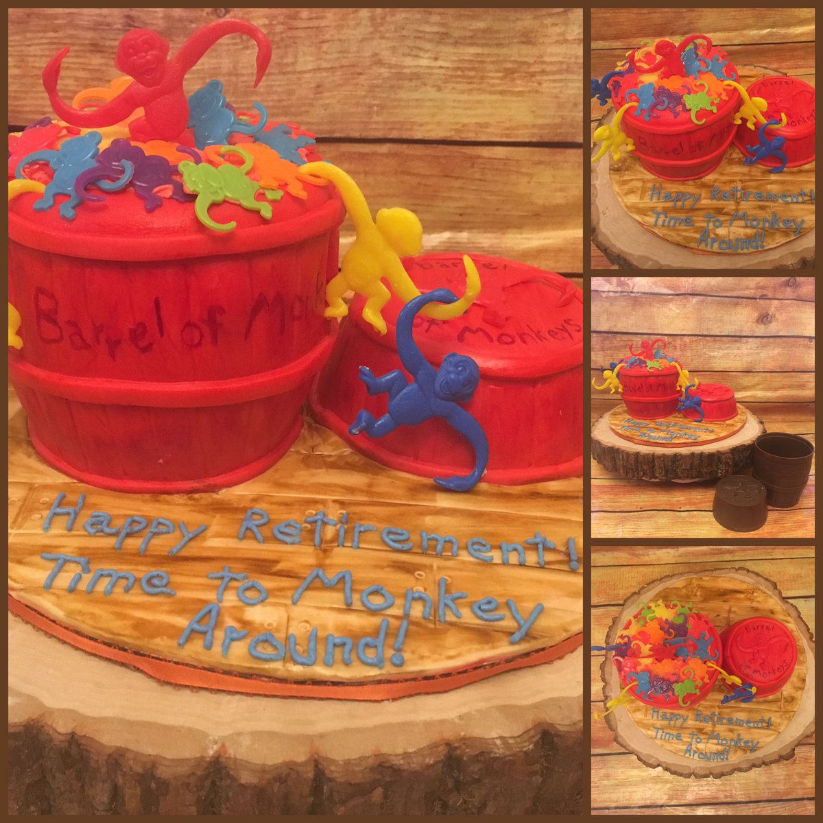 Time to monkey around!
4” cake covered in fondant with plastic monkeys.
Happy retirement!

#purpledaisycakes #barrelofmonkeys #cakedesign #cakedecorating #monkeycake #barrelofmonkeyscake #monkeys #retirement #retirementcake #wiltoncakes #wiltonfondant #fondant