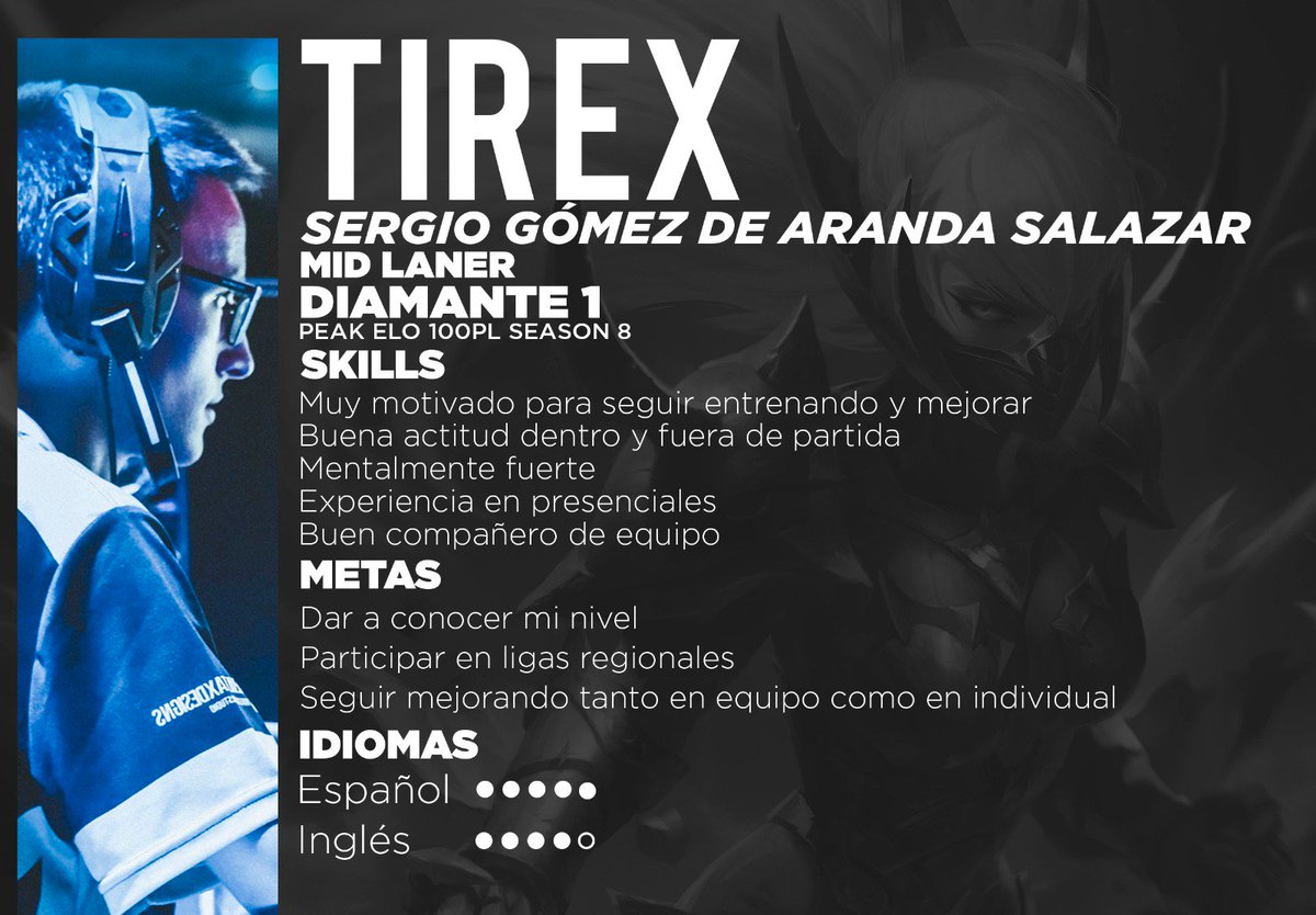 TirexLOL's tweet photo. Buenas gente,

Sigo abierto a ofertas de equipo para esta temporada 2019, academias SLO u otros proyectos serios.

Contacto:
Mail sergiogdas@gmail.com
DM's open

OPGG: https://t.co/VBDoQA4QMj
Diseñador: @ElTango_ 

RT se agradece muchísimo https://t.co/12FdSSSoDG