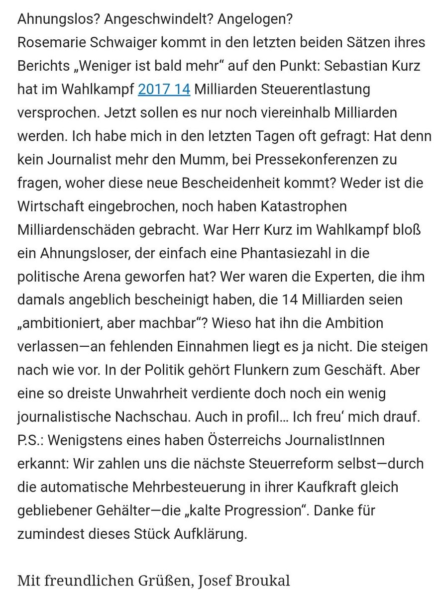 josef_broukal's tweet photo. Weil mich wirklich interessiert, wie aus 14 Milliarden Steuerentlastung 4,5 Milliarden wurden, habe ich profil einen Brief geschrieben. Ich hoffe, er wird erhört... https://t.co/FaqsmFjRtc