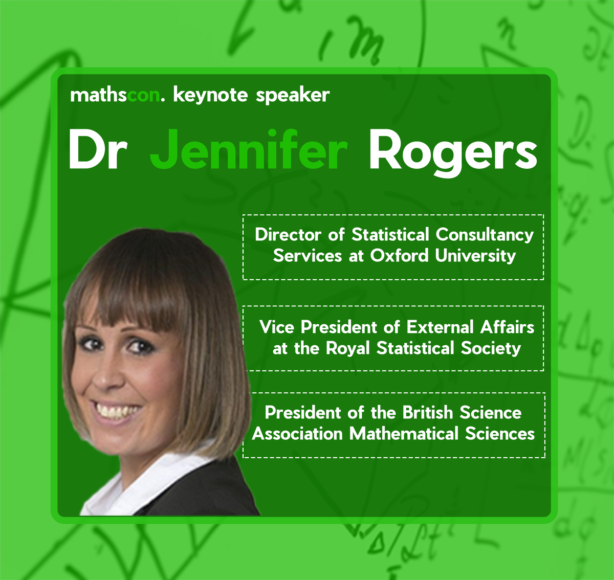 themathscon's tweet photo. Introducing our second keynote speaker: Jennifer Rogers! 

We're really looking forward to hosting Jennifer Rogers at Mathscon 2019! 

https://t.co/QG57nJVrJY

Get your Early Bird tickets whilst you still can! https://t.co/Bv6Ym7QEbn

#mathscon #maths https://t.co/RIMdP5Bc8P