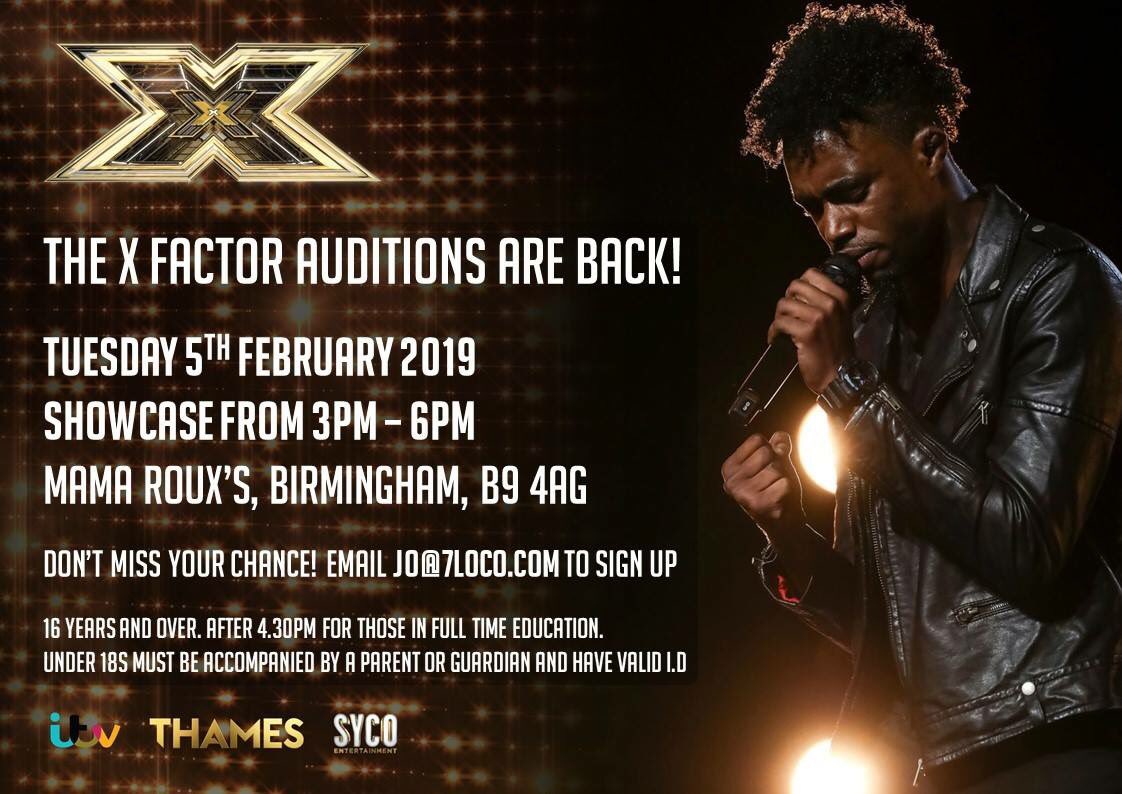 Our friends at @XFactor are coming back to Brum to search for their 2019 winner at a BMA showcase at @mamarouxsbham. If you want to perform for the producers without the queues/bullshit, let us know. We have time for 20 acts. Who wants a slot? 5th Feb. 3-6pm. Appointment only.