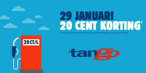 Morgen is er een speciale actiedag bij bijna alle Tango tankstations in Nederland. Een korting van maar liefst € 0.20 per liter incl. BTW (gebaseerd op de Tango Adviesprijs)