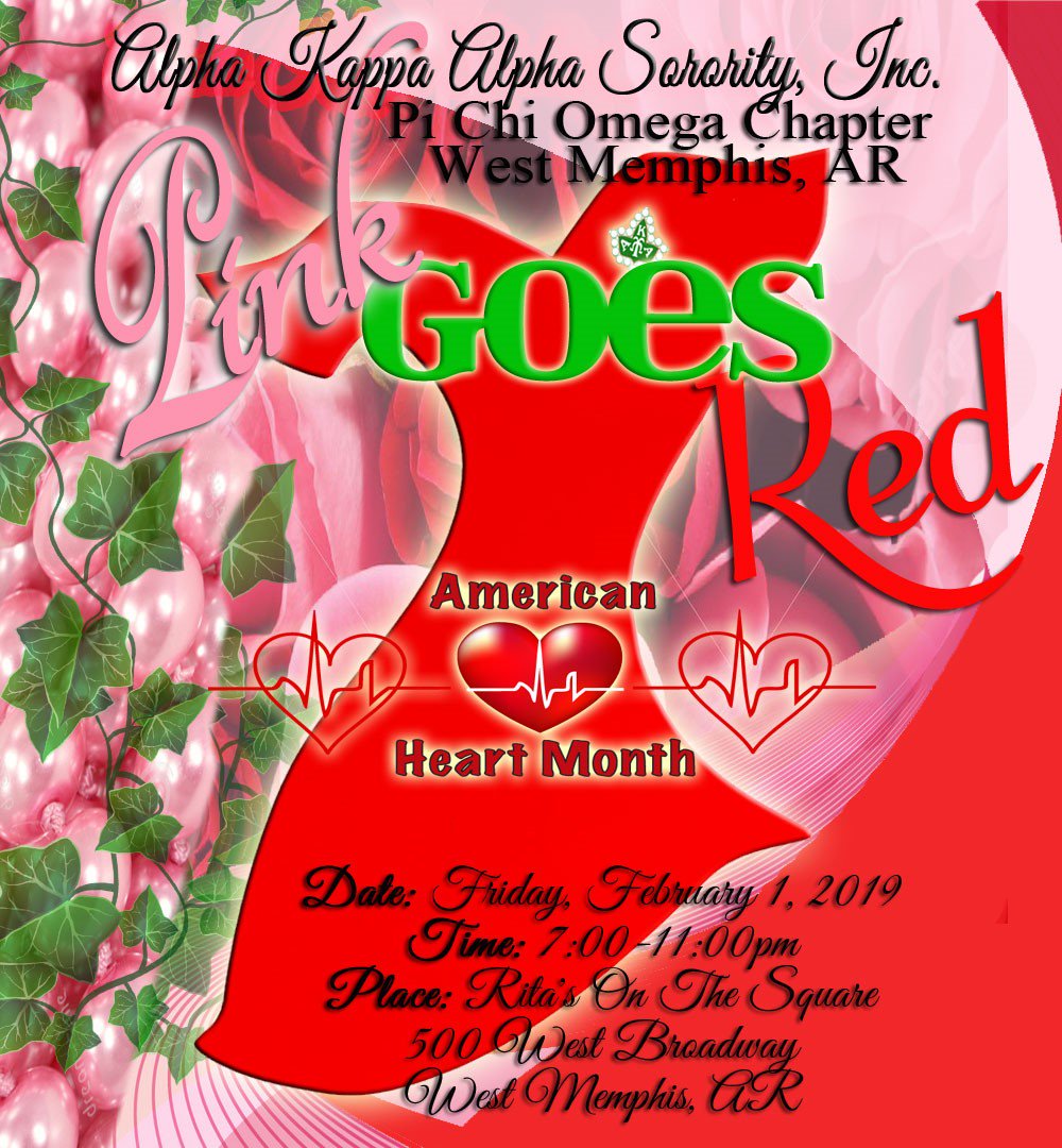 PiChiOmega_AKA's tweet photo. Join members of #PiChiOmega for our #AKAPinkGoesRed event this Friday in West Memphis #AKAImpactDay #AKA1908 https://t.co/OAP8dG3gZC