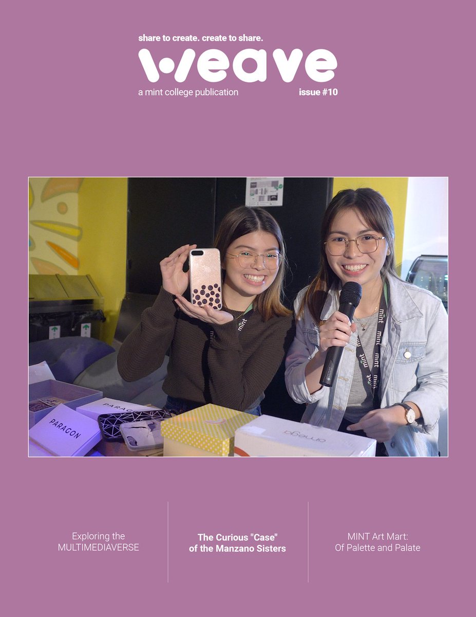 mintschool's tweet photo. Weave 10 is finally out!
Visit https://t.co/IpLwiqnlJC and check out the stories from last week's event: The Curious "Case" of the Manzano Sisters, Exploring the Multiverse, MINT Art Mart: Of Palette and Palate. Enjoy!
#WeaveMag #TheresNoStoppingMINT https://t.co/6T43V7qRz1