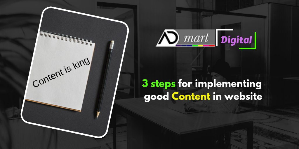 AdmartDigitals's tweet photo. Three important steps for implementing good #content in #Website.
Call: 9652465654 Get a free quote.
Visit https://t.co/fH2t8oSLoc for more info...

- Get Our #contentmarketing #strategies.
-Content is #king 
#DigitalMarketing #Digital #InboundMarketing #MondayMorning #Monday https://t.co/GCTr2a1mog