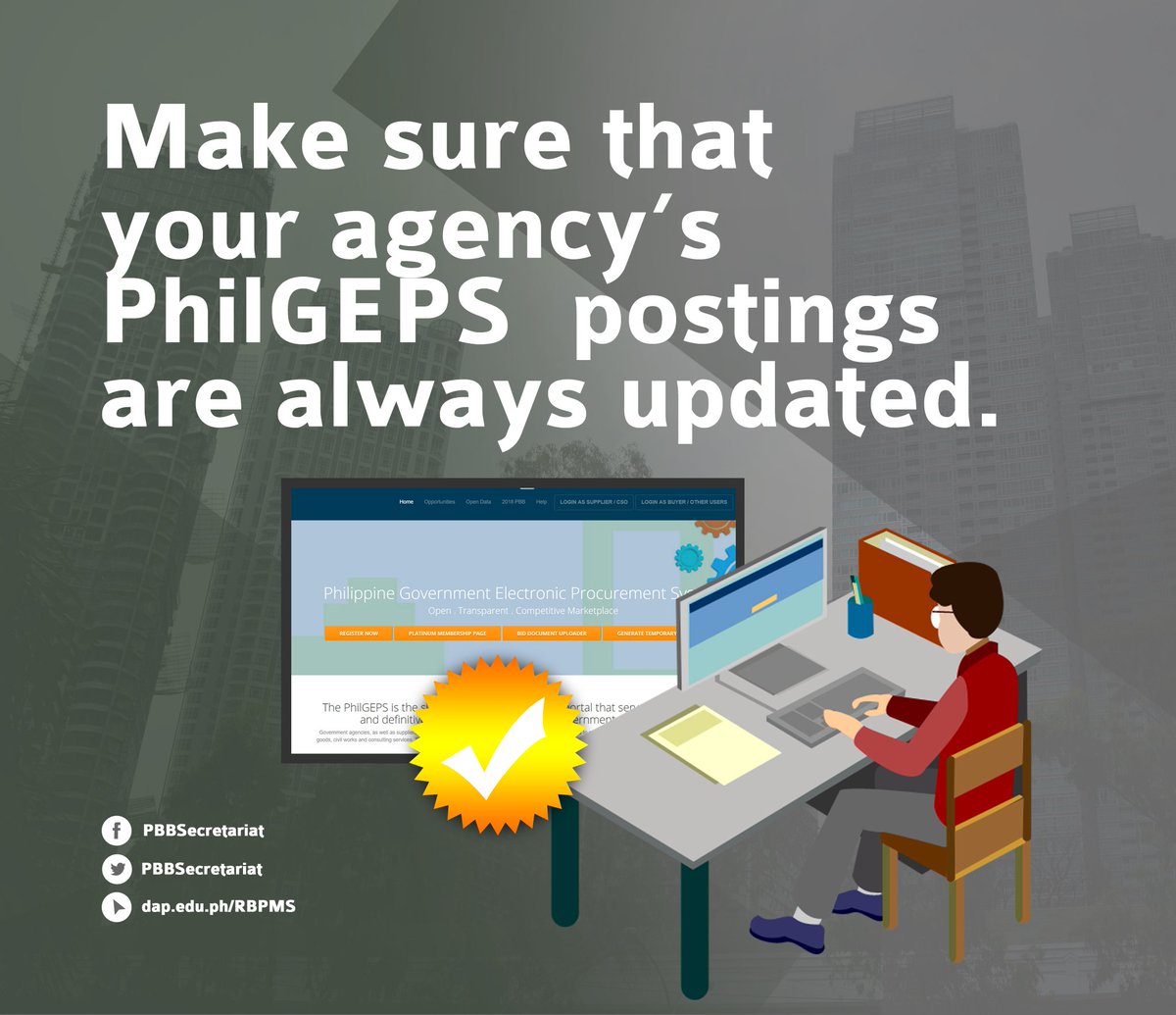 PBBSecretariat's tweet photo. Update your agency #PhilGEPSPostings for #FY2018PBB not later than Jan. 31. Monitor your #PhilGEPSPostings here: https://t.co/cwbEWDnOzg Access the #FY2018PBBGuidelines MC2018-1 and Annex 6:Guidelines on #PhilGEPSPostings: https://t.co/t81Z0lcP7C https://t.co/7RgMMUvkBc