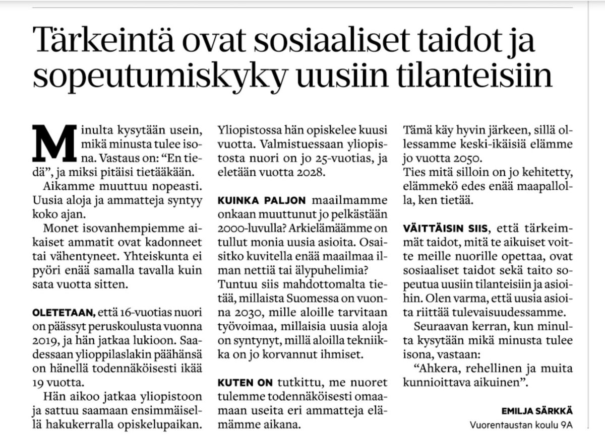 HannuHynonen's tweet photo. Sosiaaliset taidot ja sopeutumiskyky uusiin tilanteisiin.
Olipas hyvä ysiluokkalaisen kirjoitus Aamulehdessä. https://t.co/6e5GChAxUj