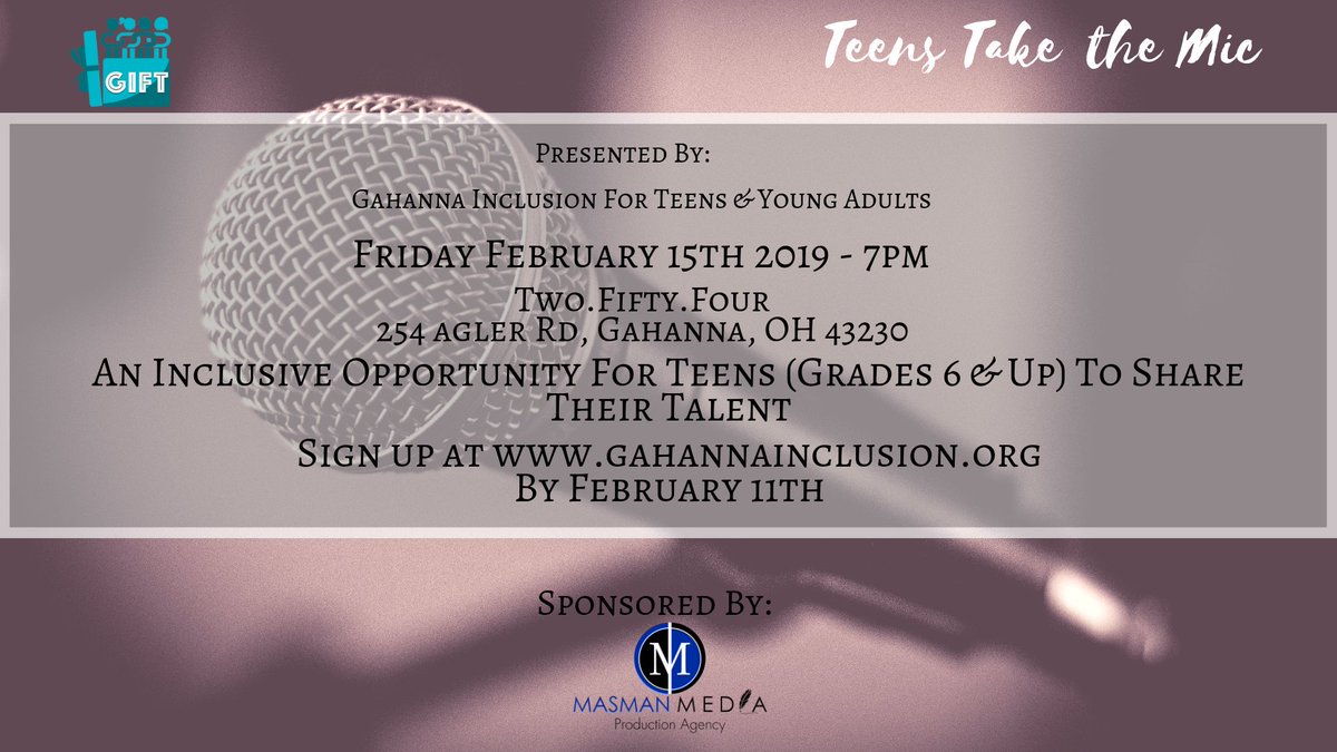 GIFT43230's tweet photo. An opportunity for kiddos 6th grade and up to have a good time and share their talents in a family friendly environment! Thanks to @MasmanMedia as our generous sponsor and @Gahanna254 for hosting us! https://t.co/ZQgg5M8eXR