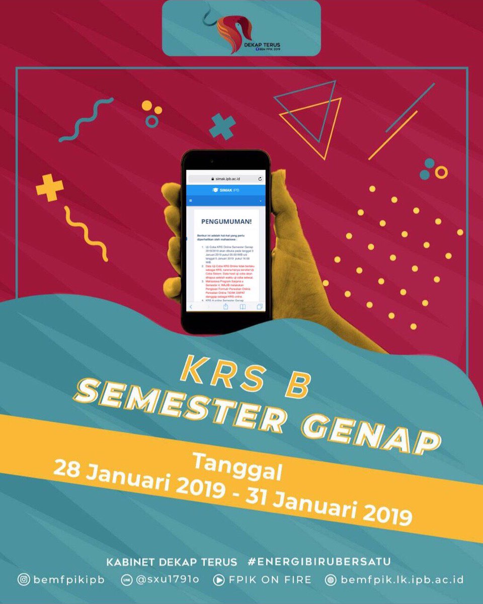 [PENGISIAN KRS B]

Pengisian KRS B dapat dilakukan melalui
simak.ipb.ac.id

Pengisian KRS B akan dimulai pada 
28 JANUARI 2019 sampai 31 JANUARI 2019
