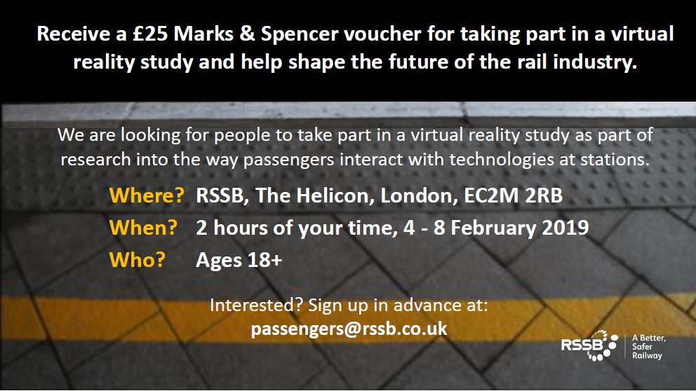 We’re looking for volunteers to take part in a Virtual Reality trial as part of research to help passengers better navigate railway station platforms – there’s a £25 M&amp;S voucher in it - get in touch if you’re interested! #rail