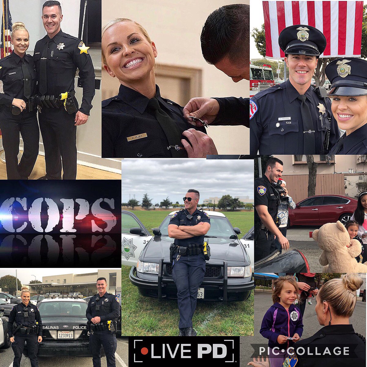 A few of my favorite picture from @Ofc_KatherineR and I this past year. Kat’s graduation and pinning ceremony, the 9/11 ceremony, riding with #livepd and #cops and giving back to the community. Memorable year. #captainamerica #bunsandguns #spd #copcouple