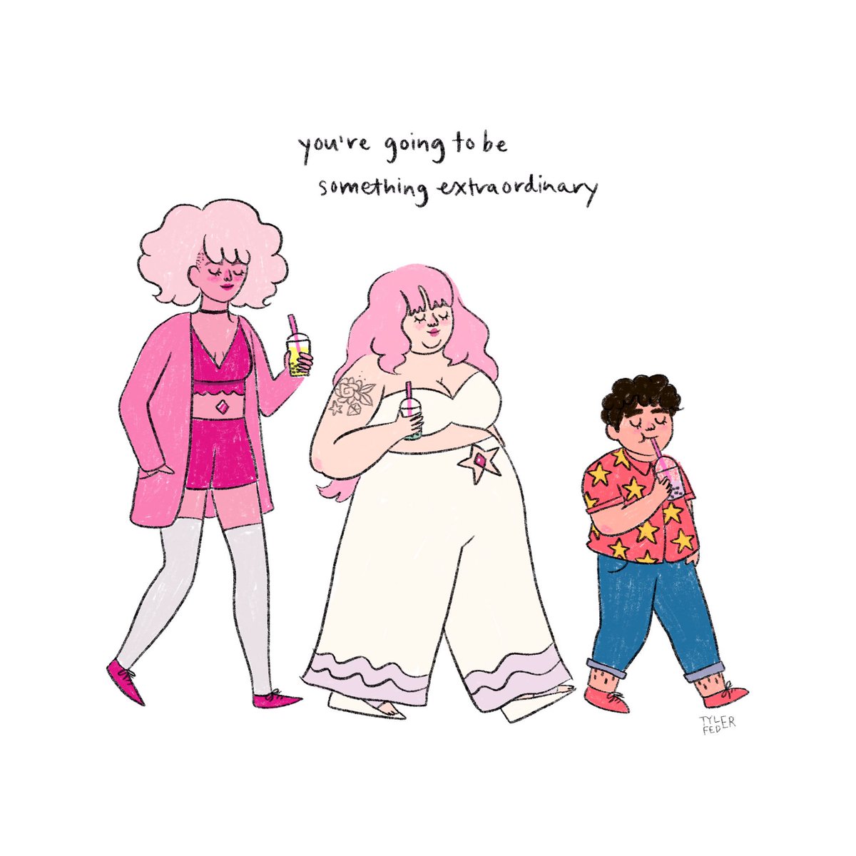 It’s 3 a.m. and I’m drawing Pink Diamond, Rose Quartz, and #StevenUniverse as bubble tea-drinking hipsters, like ya do 💖
