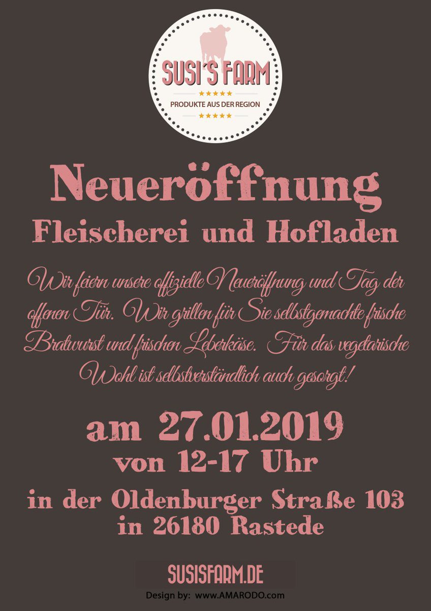 Sonja_Kaufmann_'s tweet photo. Bitte gaaanz oft teilen! 😀 Morgen, am 27.01.2019, hat meine Schwester mit ihrer neuen Fleischerei und Hofladen offizielle Neueröffnung von 12-17 Uhr in der Oldenburger Straße 103 in 26180 Rastede! 🍏🌿 #susisfarm #Oldenburg #Rastede #hofladenrastede 
https://t.co/vKWUgddF2A https://t.co/Msww677K4I
