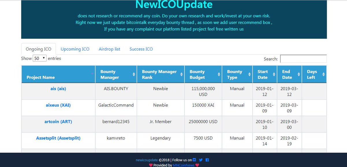 check new bounty and airdrop list 
<a href="/bounty/">Bounty</a> <a href="/airdrop/">Airdrop</a> <a href="/newbounty/">Bountier</a> <a href="/newico/">Taynara Wico eu</a> <a href="/newairdrop/">Airdrops</a> <a href="/mncoinnews/">MNCoinNews</a> @newicoupdate
