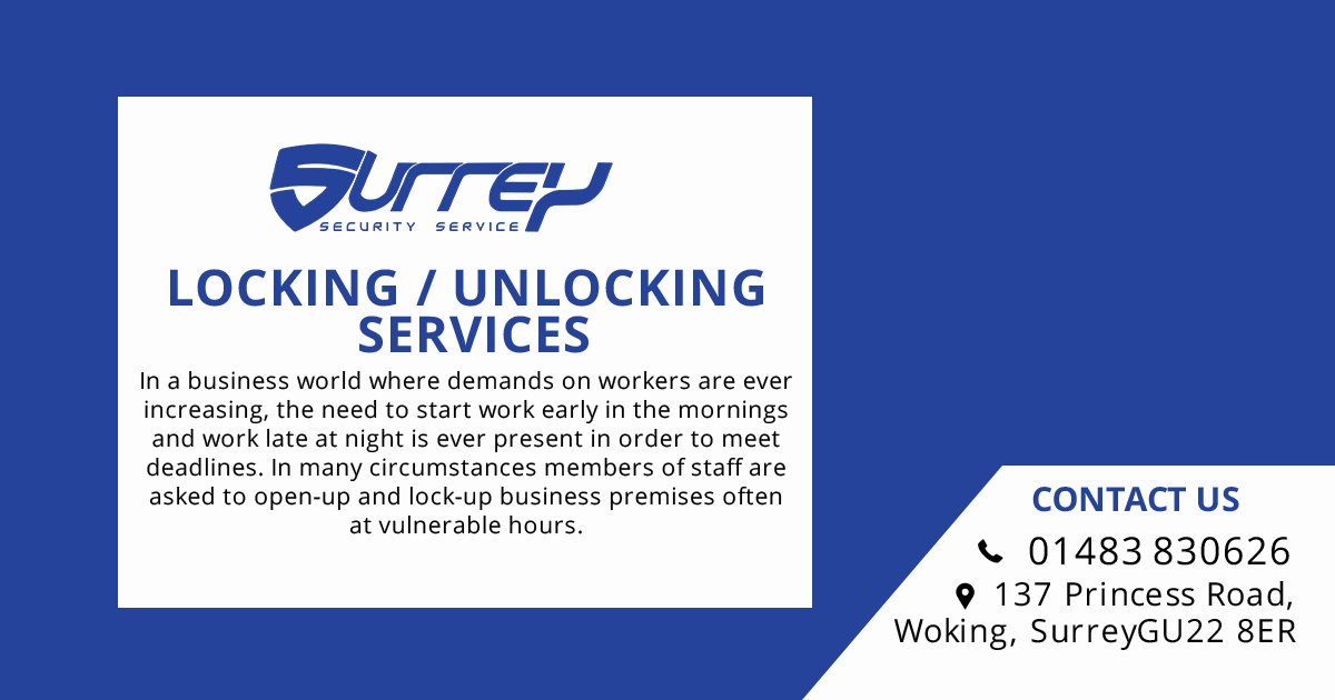 Locking / Unlocking Services:

In a business world where demands on workers are ever increasing, the need to start work early in the mornings and work late at night is ever present in order to meet deadlines.bit.ly/2TeQsBI

#securityservices #securityguards