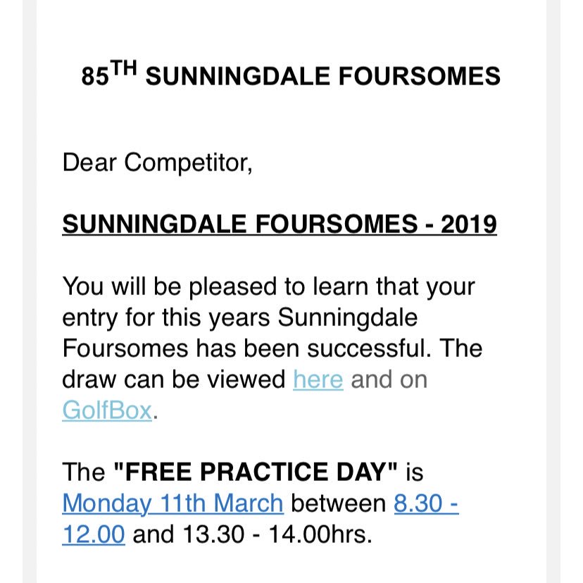 Very excited to have made it into the @Sunningdale_GC Foursomes with my partner Rob McNicholas! 🥳🙋🏼‍♀️ 

#GreatNewsOnAFriday #PleaseNoSnowThisYear #Excited #PrestigiousEvent 🏌🏼‍♀️