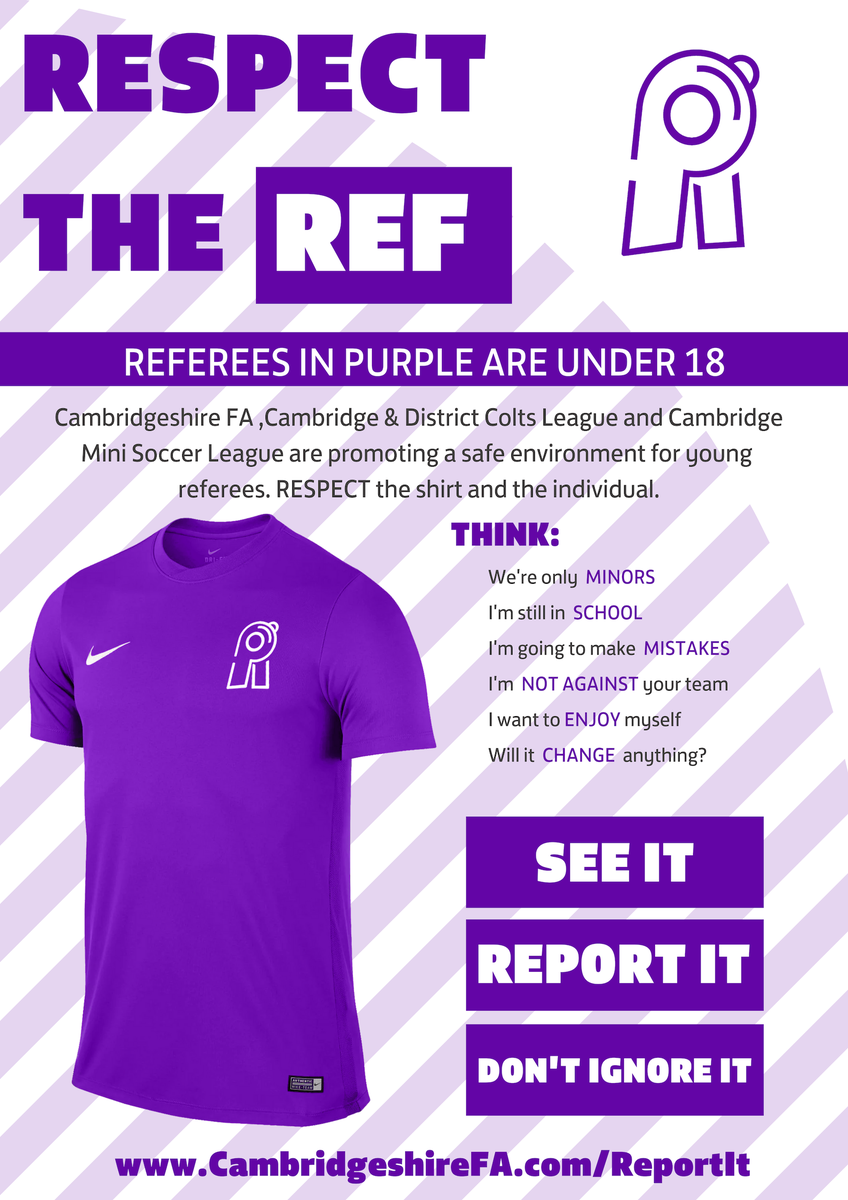 CambsFAReferees's tweet photo. Today see's youth referees turning out in purple for the first time!

Can clubs please remind all parents, players, spectators and managers of the initiative!

If any referees see an official in purple, please head over and say hello and see how they are getting on! https://t.co/LOAdqO24S2