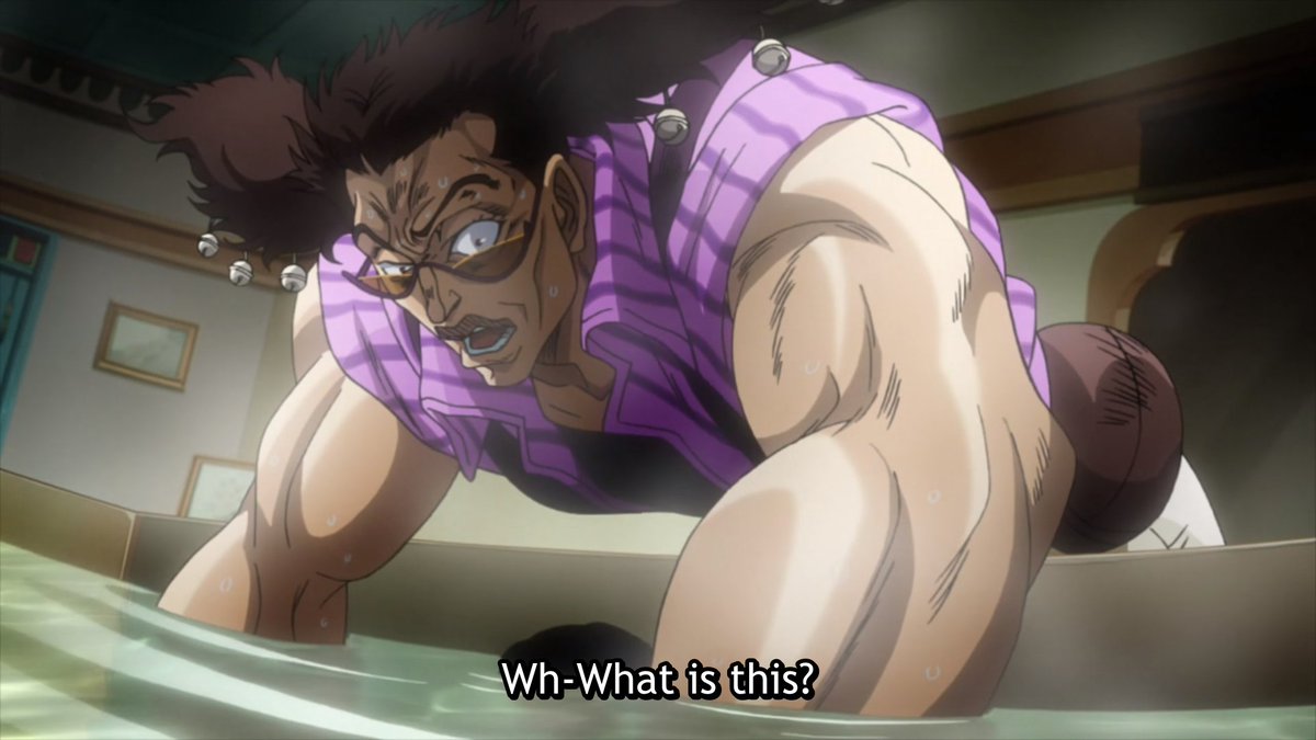 KingCocoaButter's tweet photo. Episode 33: Weirdest episode even by JoJo standards. Kid Polnareff manages to outwit Alessi and then Kid Jotar is apparently buff enough to take out a grown adult? All the "romance" with the unnamed Lady was just weirdly unsettling start to finish #GetShitFaced #HERESALESSI!!! https://t.co/fZSmLoUDCn