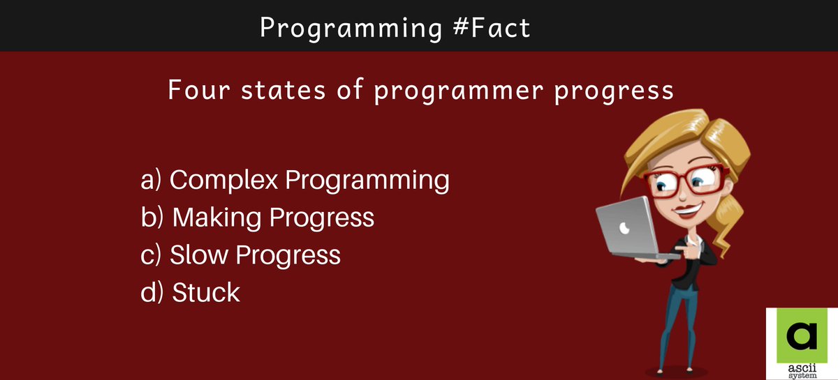 asciisystem's tweet image. #programming_Fact
Four states of the #programmer progress
#programming #java #SQL #Python #html #geek #Developer