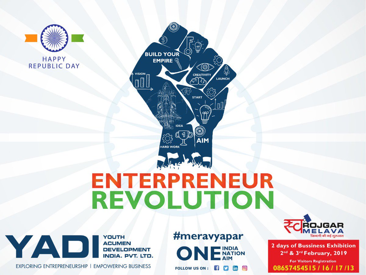 Yadiindia's tweet photo. Entrepreneur Revolution.
@Yadiindia Group Wishes You All Happy Republic Day.
Grab the opportunity to start your business.
Yadi Presents Swarojgar Melav
100+ Business opportunities
For more details call  08657454515
#yadi #meravyapyar #swarojgarmelava #happyrepublicday #70thyear https://t.co/rKJoiMmGtI
