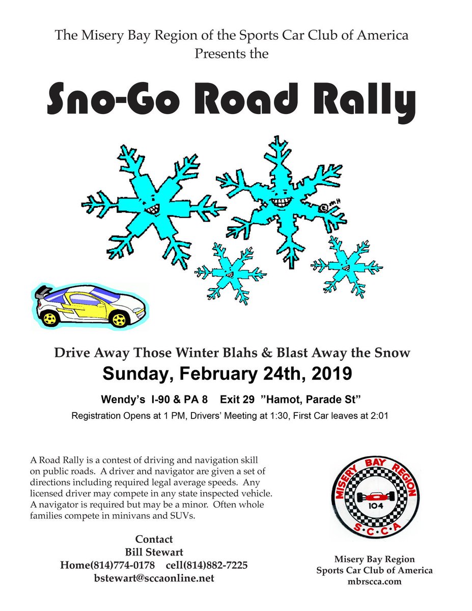 billsnowjr's tweet photo. Who is up for a winter road rally?
The challenge is to drive on time, arriving at points along the route neither early nor late (it’s NOT a race).
@scca @mbr_scca @NEOHIOSCCA #scca #funwithcars #clevelandcars #roadrally #becauserallycar #winterrally #Erie https://t.co/pO2vSLX6dg