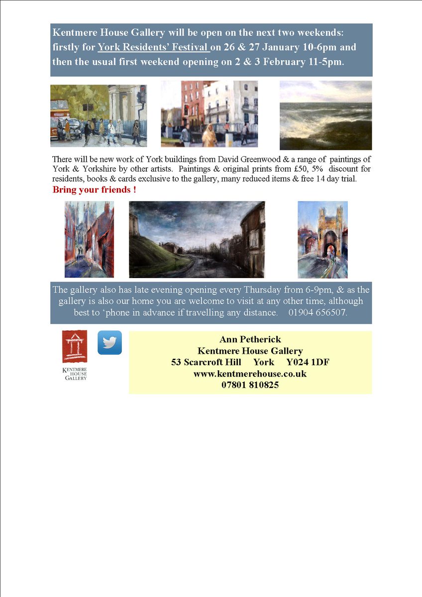 Kentmere_H_Gall's tweet image. The gallery is open for York Residents’ Festival today &amp;amp; tomorrow 10-6, with new paintings of York by David Greenwood, work by more than 50 artists, books &amp;amp; cards exclusive to the gallery,  &amp;amp; 5% discount for residents.     #resfest19 @visityork #contemporarypainting