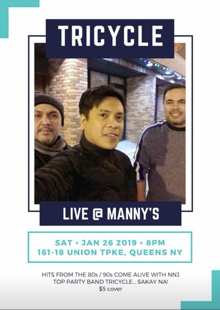 Kabayannyc1's tweet photo. NGAYON GABI NA AT 8PM!!! CALL NOW FOR RESERVATION (718)380-0802. TRICYCLE BAND, FIRST TIME NILA SA KABAYAN MANNY’S located at 161-18 Union Turnpike Flushing, NY 11366. Cover charge $5 , bucket of beer 25$ PLUS PULUTAN. https://t.co/FL7rf2zCxx