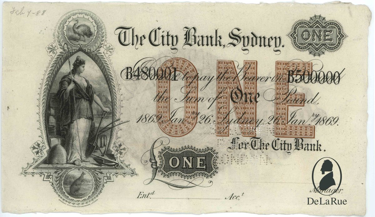 DeLaRuePlc's tweet photo. For 2019's first historical banknote of the day, this note from The City Bank, Sydney was issued #onthisday 150 years ago, in 1869! It was printed by Bradbury Wilkinson (acquired in 1986), and has some beautiful engravings on the left #businessarchives #banknotes #banknotehistory https://t.co/DlxxSX5rYv