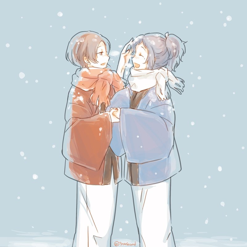 加州清光 ,大和守安定 「お題【はしゃぐ】
「雪合戦とか」

#清安ワンドロ( @kiyoyasu_60m」|みなとのイラスト