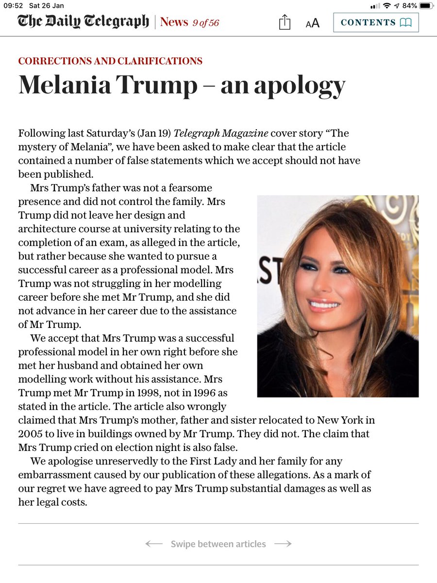 Slanderous Brit paper (The Telegraph) forced to pay Melania damage for fake news