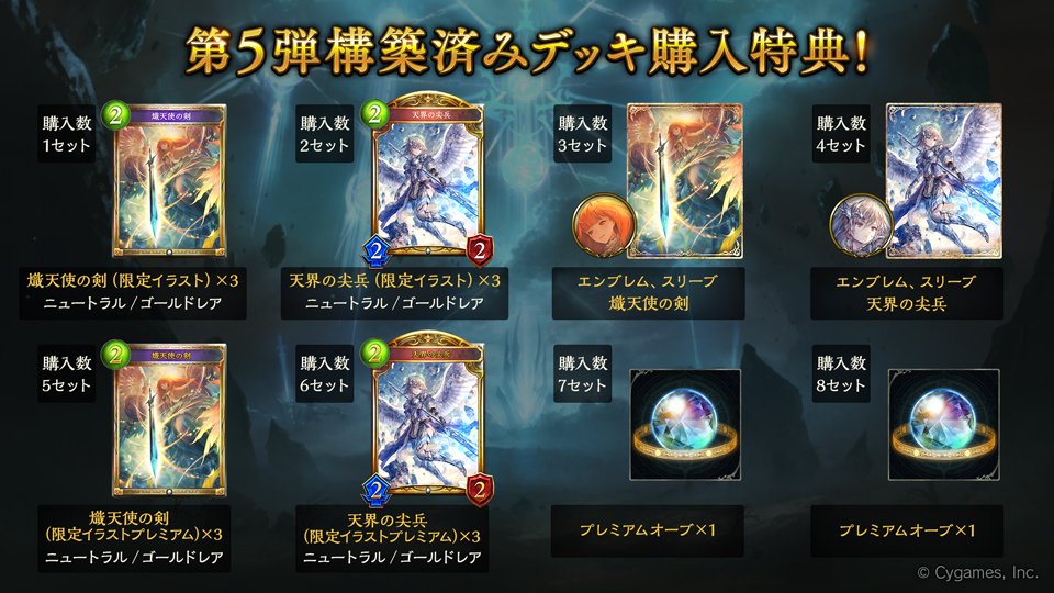 Shadowverse公式アカウント 第5弾構築済みデッキ購入特典 第5弾構築済みデッキでは 1セットご購入につき 熾天使の剣 や 天界の尖兵 の限定イラストカードやサプライをプレゼントいたします 特典内容の詳細は公式サイトをご覧ください