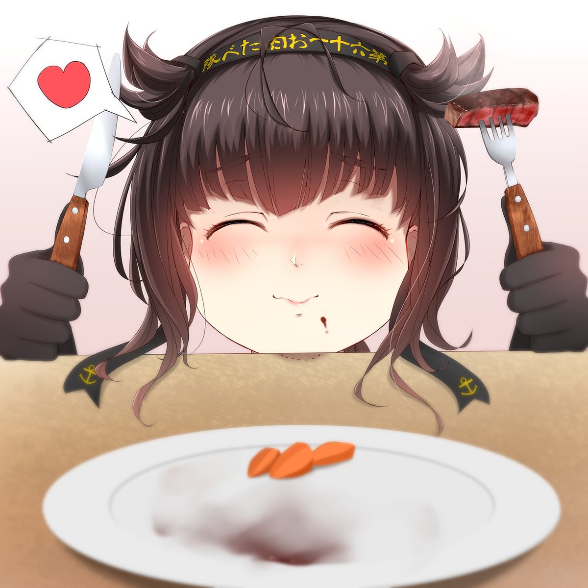 初月(艦これ) 「#初月君餌付けセット
第六十一お肉食べ隊、出撃ッ('ω') 」|ぬか('ω')＠ⓝⓤⓚⓚⓐのイラスト