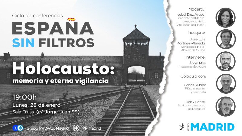 madrid_foro's tweet photo. ¡Nuevo foro! Holocausto: memoria y eterna vigilancia. Con la participación de @IdiazAyuso, @AlmeidaPP_ y otros expertos. 

¿No te has apuntado todavía? 👉 https://t.co/LkjrPhaJND https://t.co/P6vxvapKxY