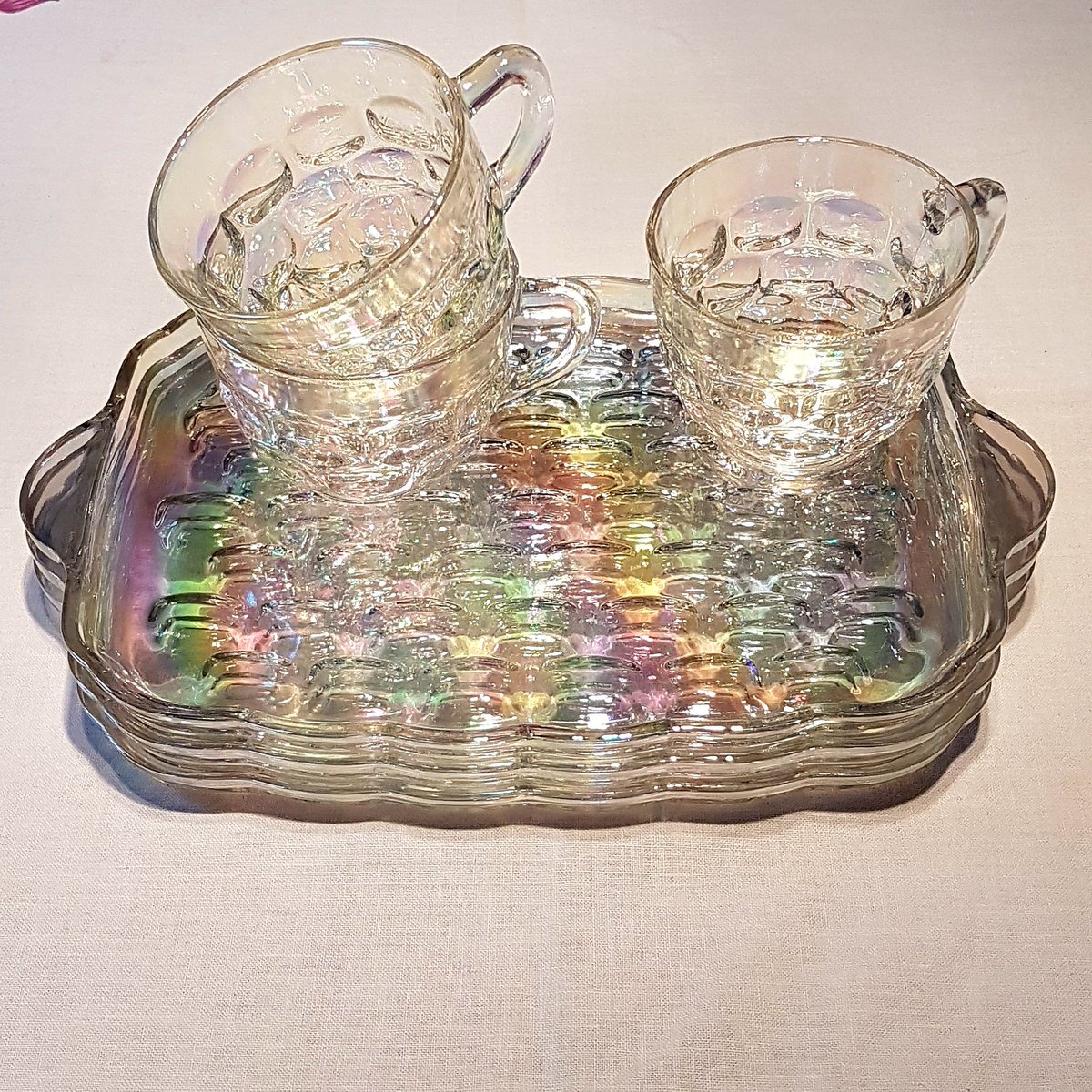 Federal Glass Iridescent Cup and Plate Set (1960's) etsy.me/2RgGzld #vintage #collectables #rainbowglass #ahummingbirdheirloom #federalglass #vintageplates #sipandsnack #cupandsaucer #iridescent