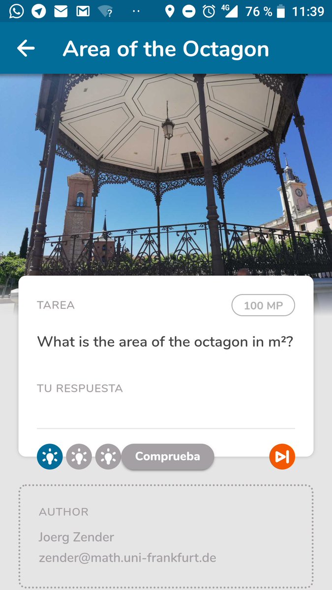 AidaInma's tweet image. Los profes calculando el área del octógono del techo del templete de la plaza Cervantes en #AlcaladeHenares para conseguir puntos en #MathcityMap 
@fespm_es