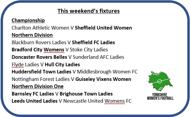 Coming up tomorrow...

9⃣ Fixtures involving our Yorkshire sides
👏 In-form <a href="/GuiseleyVixens/">Guiseley Vixens</a> travel to Nottingham Forest 
👊 An exciting Yorkshire derby between @BFCLadies and @brighousetlfc