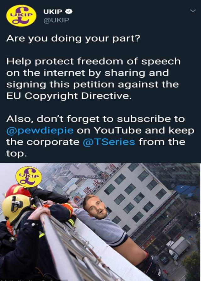 UKIPStudents's tweet photo. @pewdiepie Are you joining UKIP to fight against the evil of TSeries (and the EU copyright directive)? https://t.co/kQiMTW78zK