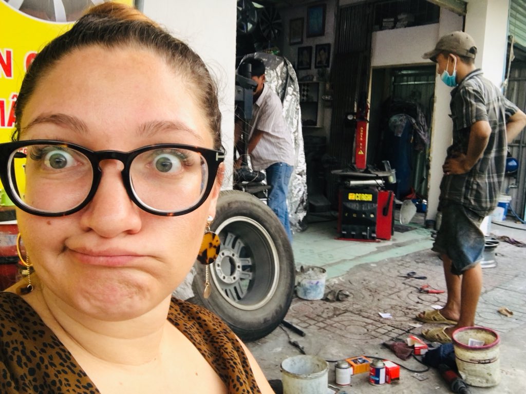 MsReyna2's tweet photo. When youโre on your way home from #vtcon and you get a flat ๐คท๐ผโโ๏ธ which category does this one fit?! #vtcselfie #lifeinvietnam #agentsofchange #tirechange #notwhattheymeant https://t.co/nFzW2q3BjA
