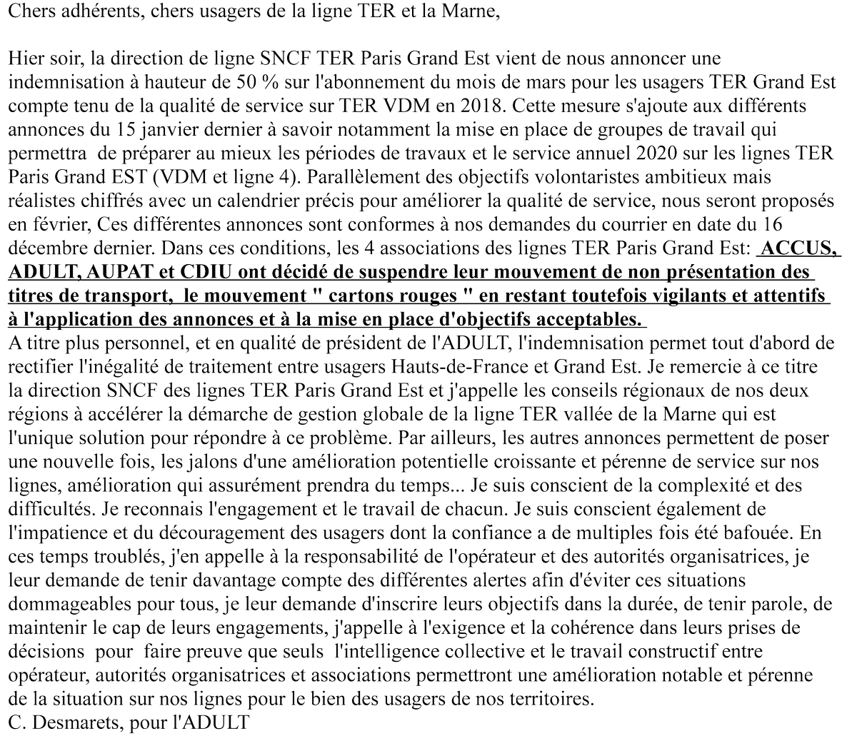 AdutLvdm's tweet image. #TERValléedelaMarne #TERGrandEst Vous trouverez en pièce jointele message envoyé à nos adhérents concernant la suspension de notre mouvement #cartonsrouges et quand l'action conjointe inter-associatives des 4 associations ACCUS ADULT AUPAT et CDIU porte ses fruits...