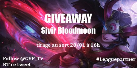 GYP_TV's tweet image. ~ Hello ~ 

Grâce a Riot  j&apos;ai 5 skins Sivir Bloodmoon + chroma (serveur EUW) pour vous ! ( et 5 autres en giveaway sur mon stream lundi !) , pour participer : 

➡️ Follow moi sur Twitter
🔁 RT ce tweet
⏺️ Tirage au sort lundi 26 janvier 16H ! 

#Leaguepartner