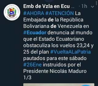 🚨El Estado Ecuatoriano obstaculiza los vuelos 23 24 y 25 del plan #VueltaALaPatria impidiendo que 270 venezolanos vuelvan a su patria vamos a las redes a brindar el apoyo a nuestros hermanos con #RetornarEsUnDerecho #UnidadYLealtadConNicolas #RumboALos2MillonesDeChambistas