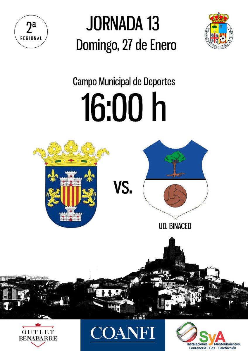 Mañana vuelve el fútbol a Benabarre. Os esperamos a todos a las 16:00 en el Municipal #mareaamarilla para disfrutar de un gran partido. 🔷🔶

⚽️  U. D. Benabarre - U. D. Binaced
📌 Jornada 13
📆 27/01
⏰ 16:00 horas
📍 Benabarre