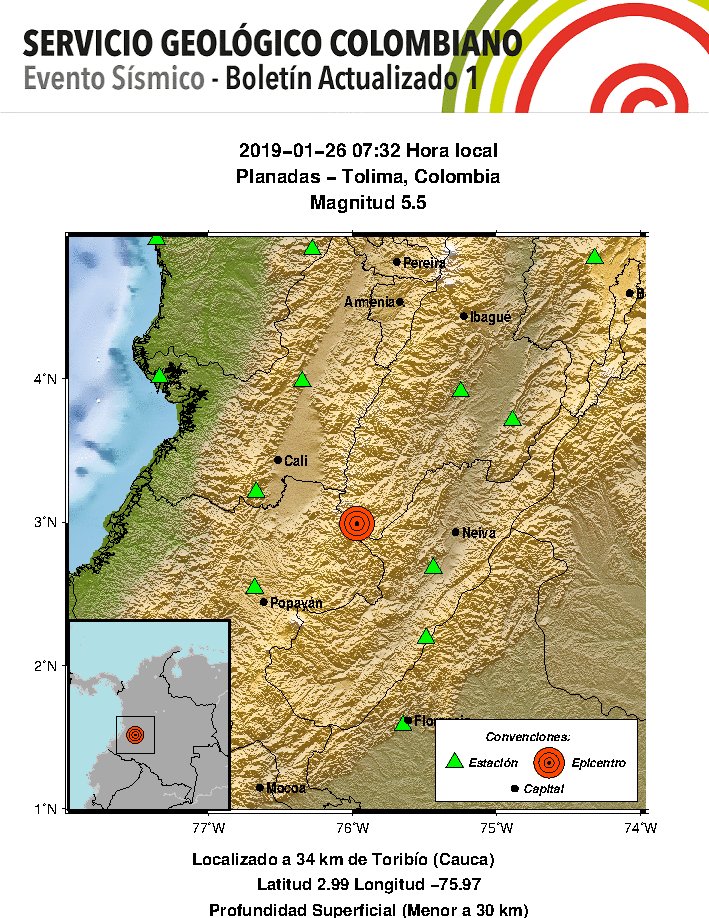 #Reportamos Evento Sísmico - Boletín Actualizado 1, 2019-01-26, 07:32 hora local. Magnitud 5.5, Profundidad Superficial (Menor a 30 km), Planadas - Tolima, Colombia #NoticiaEnDesarrollo #Temblor #Sismo ¿Sintió este sismo? repórtelo: sismosentido.sgc.gov.co/eis?id=SGC2019…