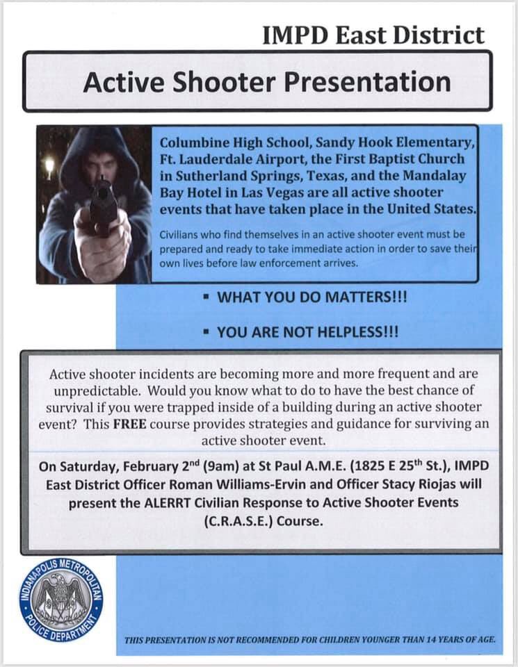Free to the Public... an Active Shooter Presentation is being presented by Officer Roman Williams-Ervin and Officer Stacy Riojas at St. Paul A.M.E. located at 1825 E. 25th St on Saturday, February 2nd at 9am.

#EASTBOUND