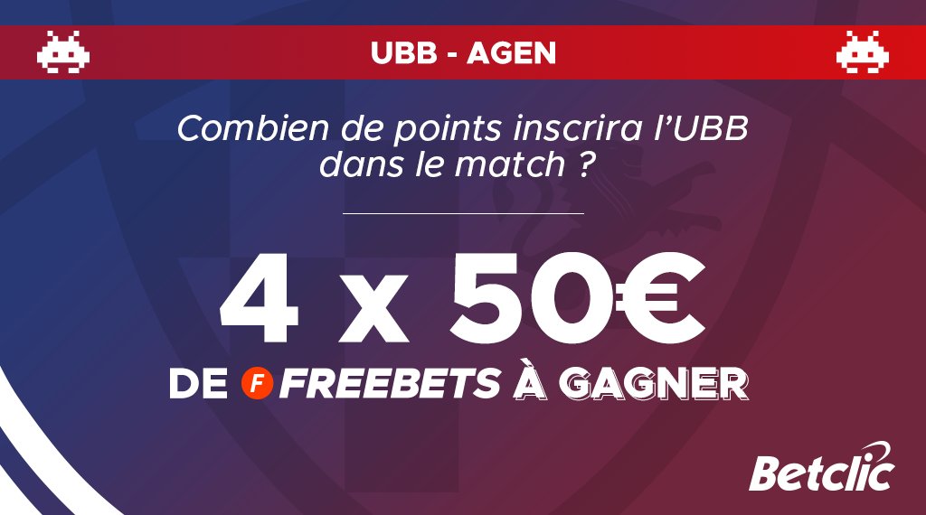 UBBrugby's tweet image. 💥 Le choc @UBBrugby - @agen_rugby approche : avec Betclic, on vous fait gagner 4 x 50€ de 🤑 Freebets ! Combien de points seront inscrits par l'UBB dans ce match ?
 Pour participer 👉 RT + Follow @betclic +  ton prono en commentaire.
#ILOVEUBB #UBBSUA #TOP14