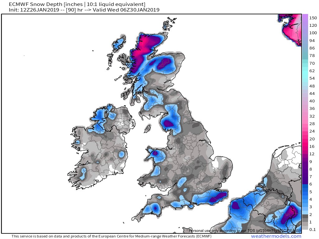 A decent swathe between East Sussex and Kent seeing 6-7” I see 9” over Kent Downs big snow maker potential nearing.
