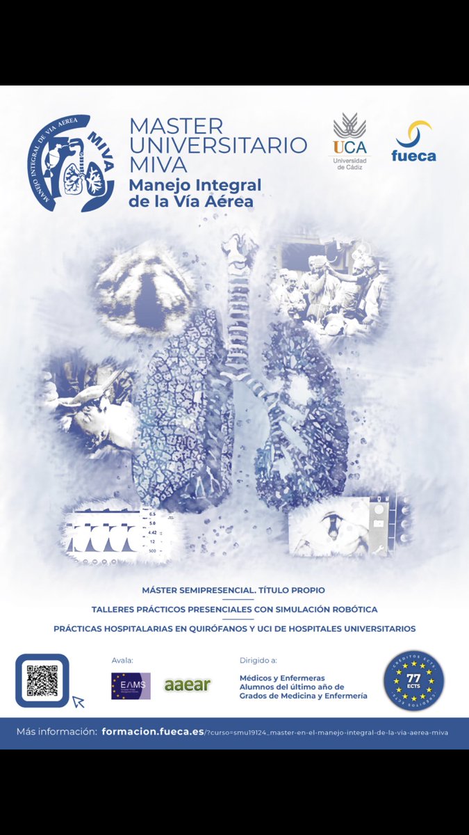 form_urg_emerg's tweet photo. MASTER MIVA. Manejo Integral de la Vía Aérea
Organiza: Universidad de Cádiz y FUECA
Titulo Propio. Modalidad Semipresencial
Inicio: 15 Abril 2019
Más información en: info@cursomiva.com
o a través de la web de FUECA:
https://t.co/36pS34Ou60 https://t.co/U5xALu74Bv