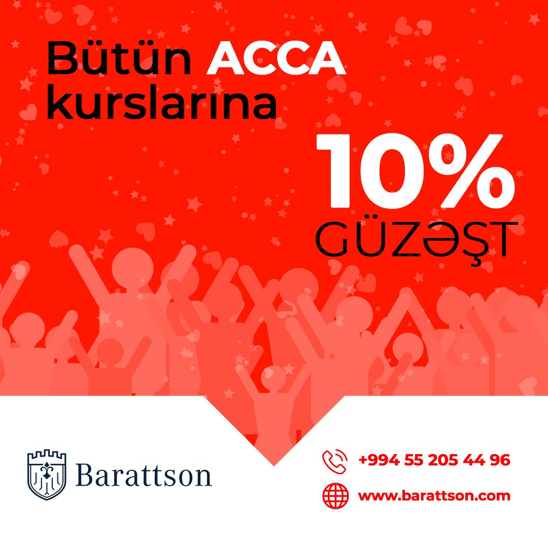 Barattson's tweet photo. 🎉 Gənc olmaq gözəldir, Gənclər Günündə GÜZƏŞT isə bu günü daha da özəl edir.
👉 Barattson-dan Gənclər Günü münasibətilə bütün ACCA təlimlərinə 10% GÜZƏŞT!

📞 +994125054496
📞 +994555024495
🏢 C. Cabbarlı k. 44, Caspian Plaza 3, 7-ci mərtəbə. https://t.co/jLjGQuNBbg